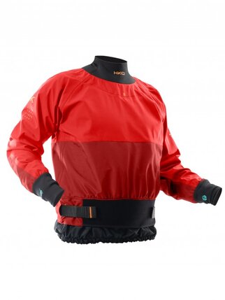 hiko dry top shown in two shades of red with neoprene cuffs and collar 